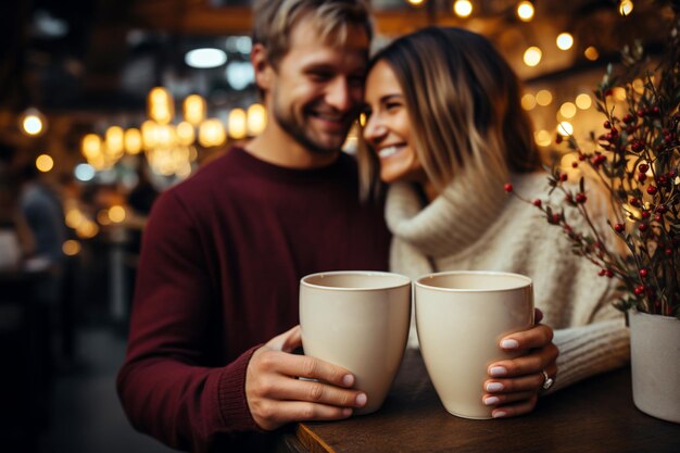 Casal apaixonado tomando café em um café Homem e mulher com um suéter quente