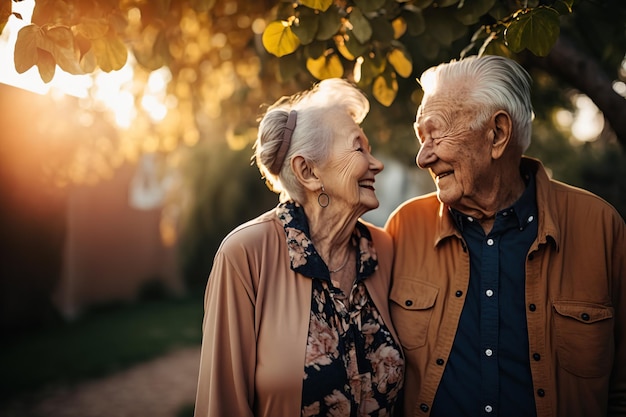 Casal aposentado caminha ao pôr do sol, casado e feliz, desfruta de uma velhice saudável gerada por Ai