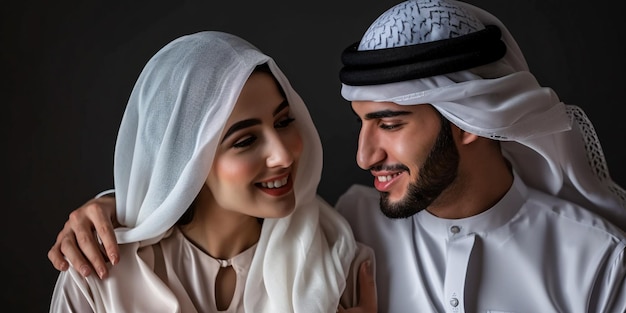 Casal árabe feliz em trajes tradicionais se unindo e se divertindo em Dubai Emirados Árabes Unidos