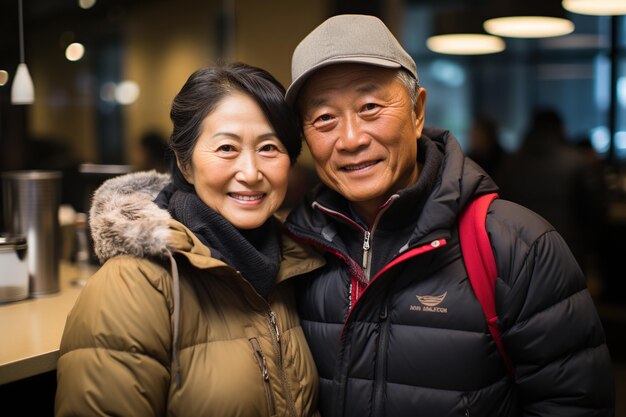 Casal asiático aposentado sorridente gerado por IA
