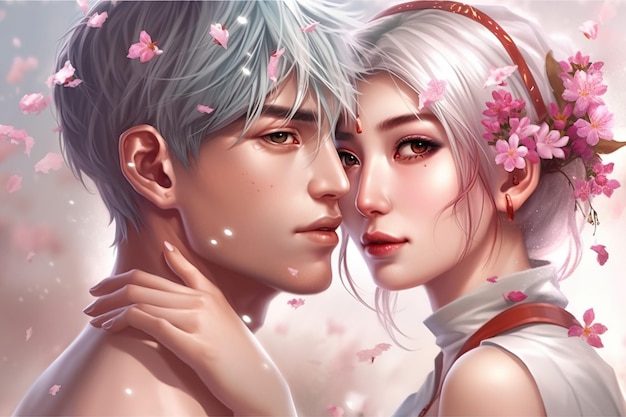 Casal asiático e flores de cerejeira homem e mulher apaixonados perto de sakura generative AI