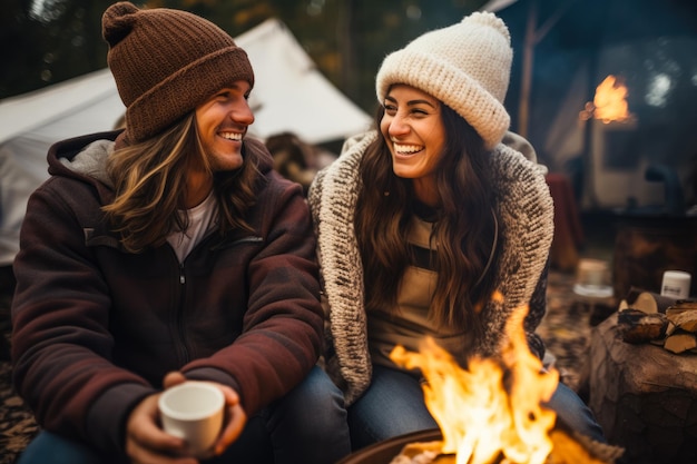 Casal assando marshmallows em uma fogueira, ambos em suéteres aconchegantes