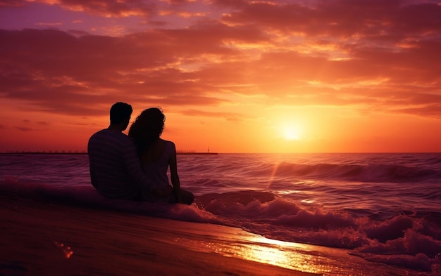 Casal assistindo ao pôr do sol na praia IA generativa