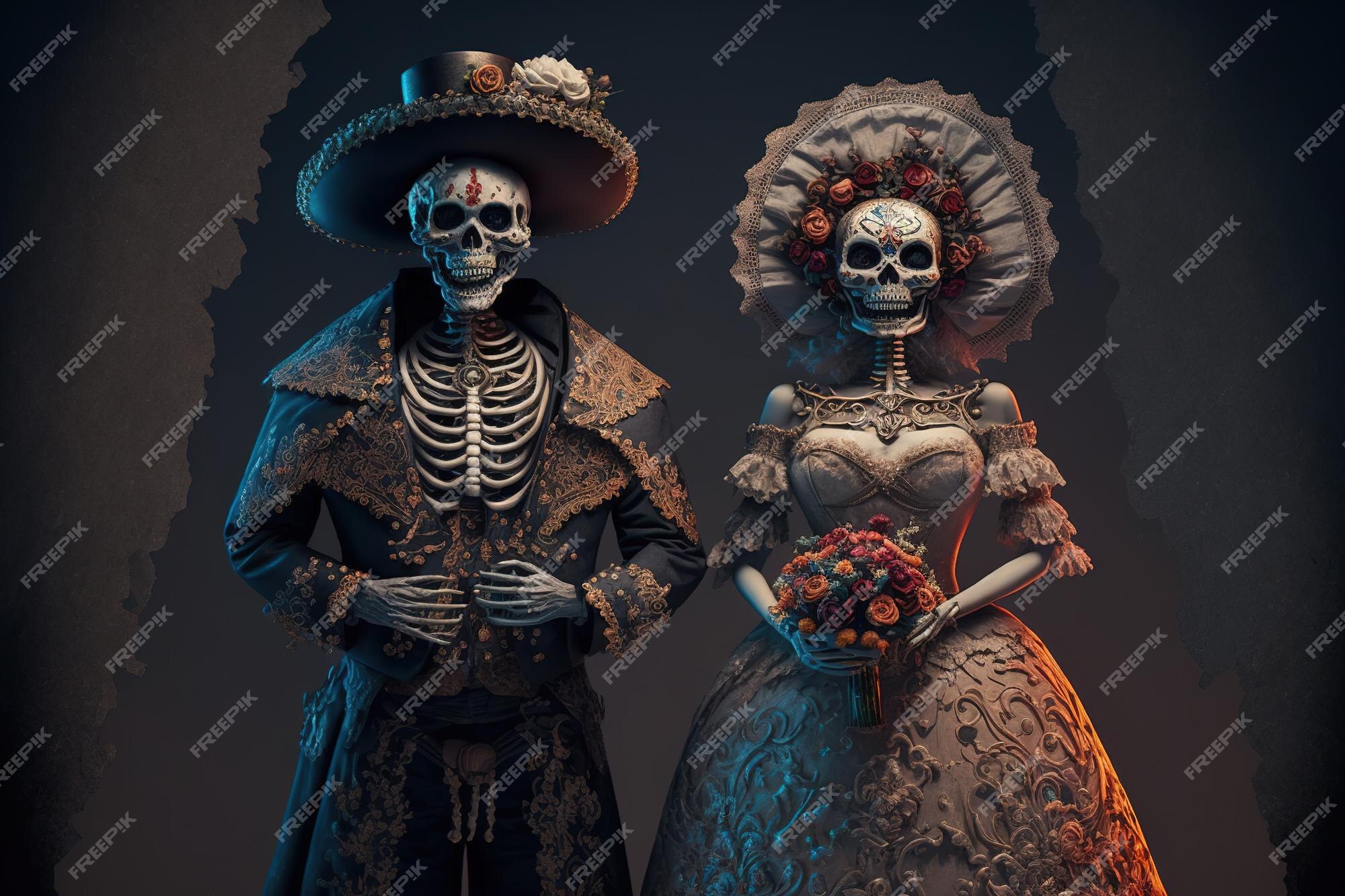 Casal assustador morto celebra o halloween juntos, organiza festa à fantasia,  usa trajes mexicanos tradicionais, maquiagem vívida, coroa de flores  vermelha, pose no estúdio, fica ombro a ombro. dia da morte