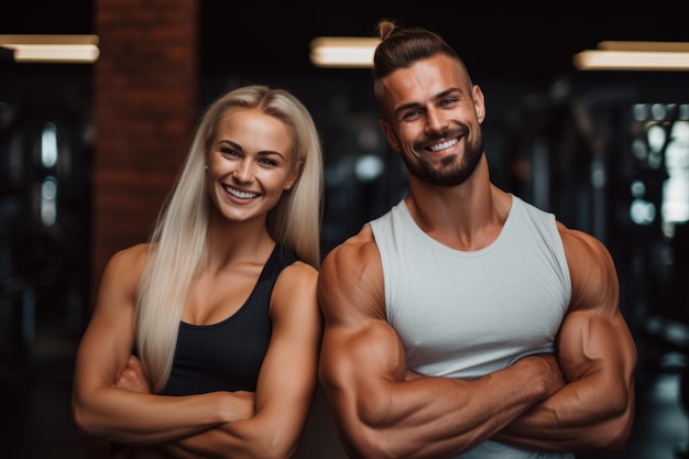 Casal atlético flexionando os músculos após o treino no ginásio