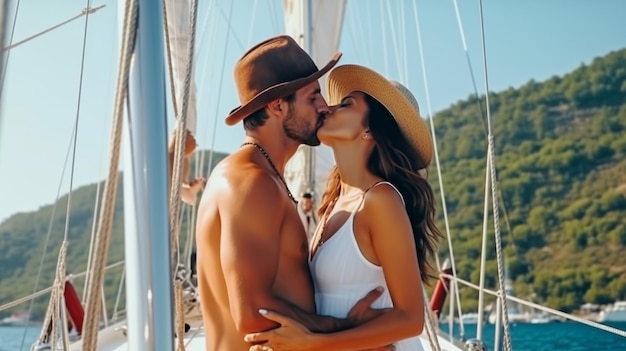 Casal atraente adulto compartilhando um beijo apaixonado em um iate durante as férias Generative AI