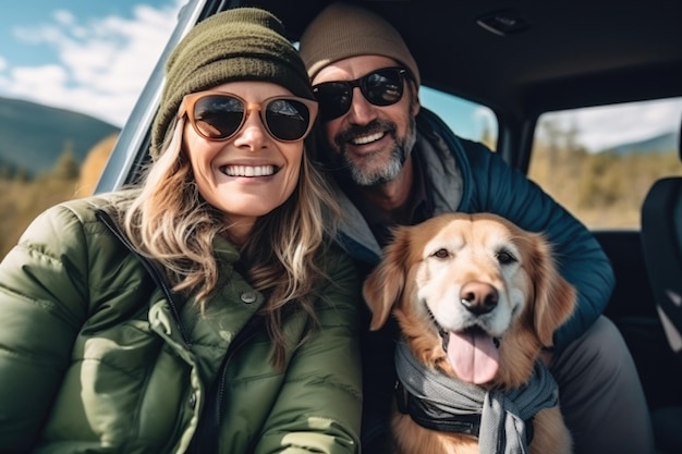 Casal bonito de meia-idade com cão viajando de carro nas montanhas em férias de verão