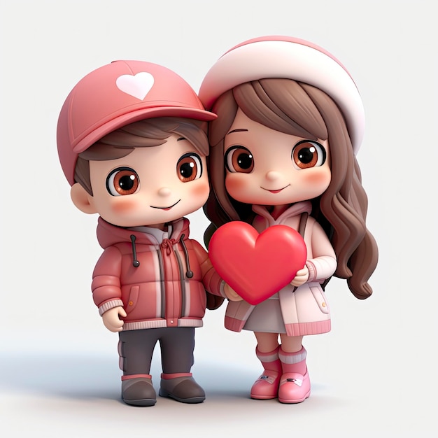 Foto casal bonito segurando coração vermelho amor 3d cartoon amante 3d ícone kawaii minimalismo design de personagens 3d