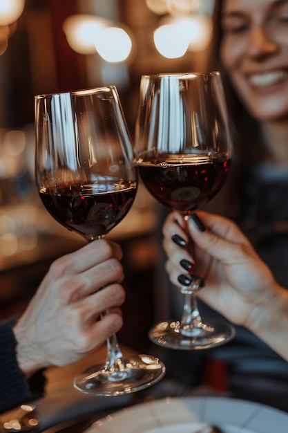 Foto casal brindando à mesa com copos de vinho