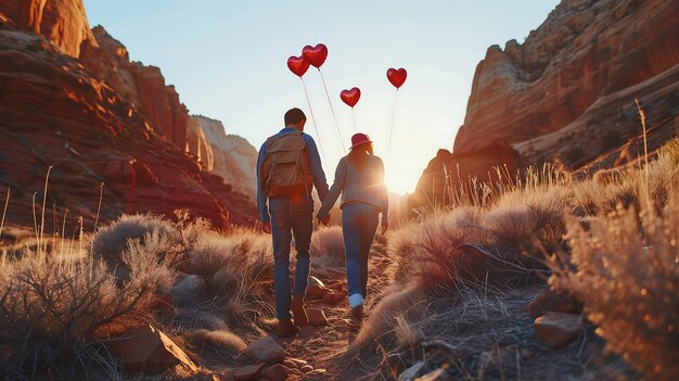 Casal caminhando através de uma bela paisagem de mão em mão com balões em forma de coração dia de São Valentim