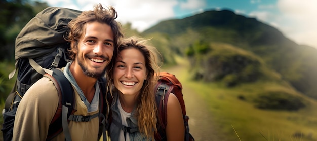 Casal caminhando com mochilas nas montanhas Trekking Viajantes Mochileiros Viagens e Aventura