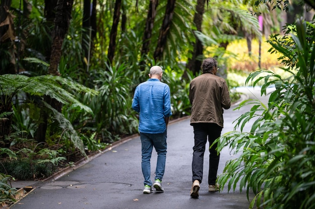 Casal caminhando em um jardim, homem e mulher caminham na natureza sob árvores cercadas por plantas familiares juntas em um parque na primavera