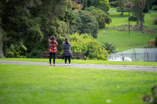Casal caminhando em um jardim, homem e mulher caminham na natureza sob árvores cercadas por plantas familiares juntas em um parque na primavera
