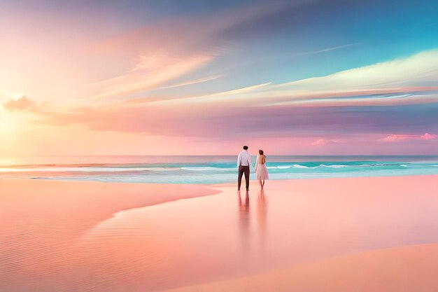 Casal caminhando na praia com pôr do sol ao fundo