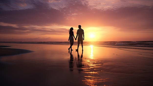 Casal caminhando na silhueta da praia