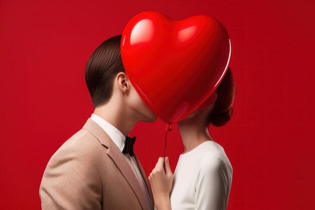 Casal caucasiano a beijar-se atrás do balão vermelho em forma de coração celebração do Dia dos Namorados