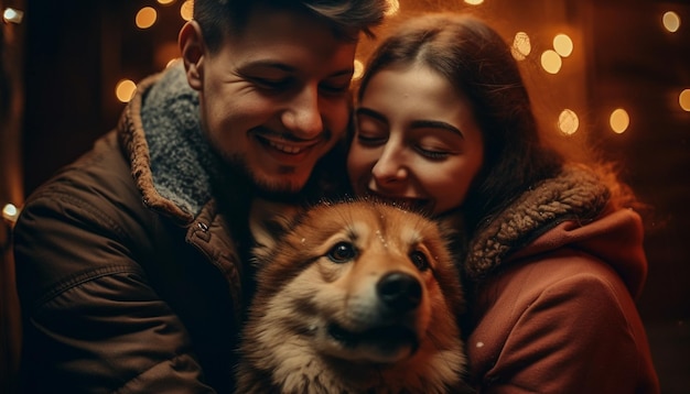 Casal caucasiano abraça o inverno com seu cachorro gerado por ia