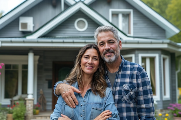 Foto casal caucasiano feliz de meia-idade em frente à nova casa conceito de aluguel de hipoteca de habitação social