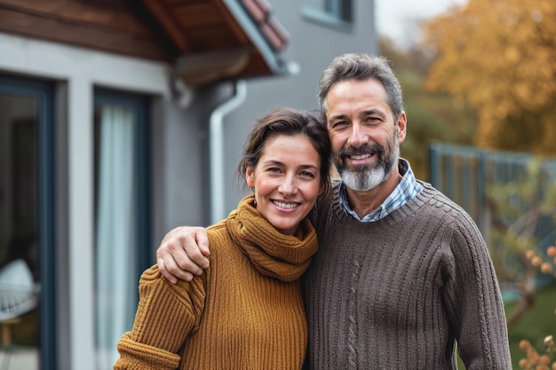 Foto casal caucasiano feliz de meia-idade em frente à nova casa conceito de aluguel de hipoteca de habitação social