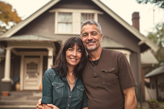 Foto casal caucasiano feliz de meia-idade em frente à nova casa conceito de aluguel de hipoteca de habitação social