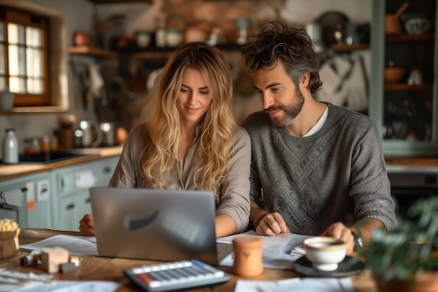 Casal caucasiano sorrindo enquanto revisa o ecrã do laptop na mesa da cozinha com documentos e calculadora