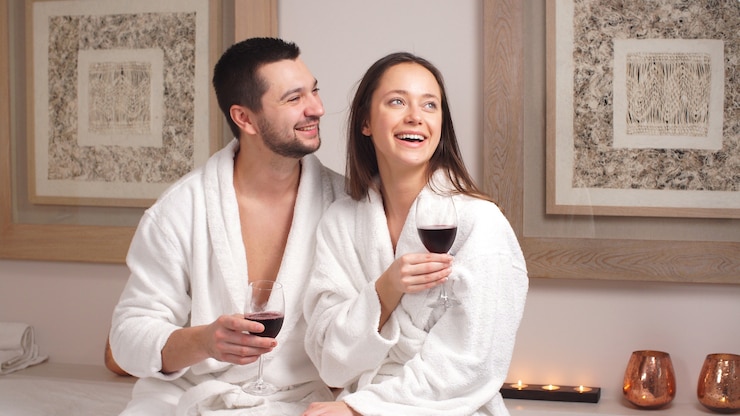 Foto casal charmoso feliz bebendo vinho e rindo no salão de bem-estar moderno