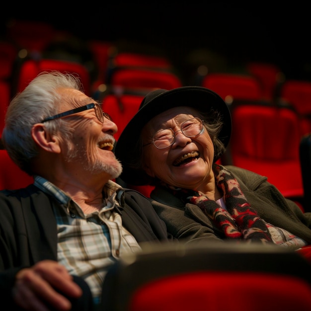 Casal chinês ou japonês feliz, homem e mulher velhos, divertindo-se no cinema, vendo um filme sozinhos, sentados em bancos vermelhos, rindo muito, desfrutando do entretenimento teatral, pessoas maduras do leste.