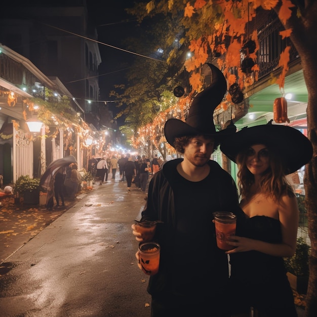 Casal com fantasias de Halloween tirando selfie em uma festa comemorando com amigos na festa de Halloween