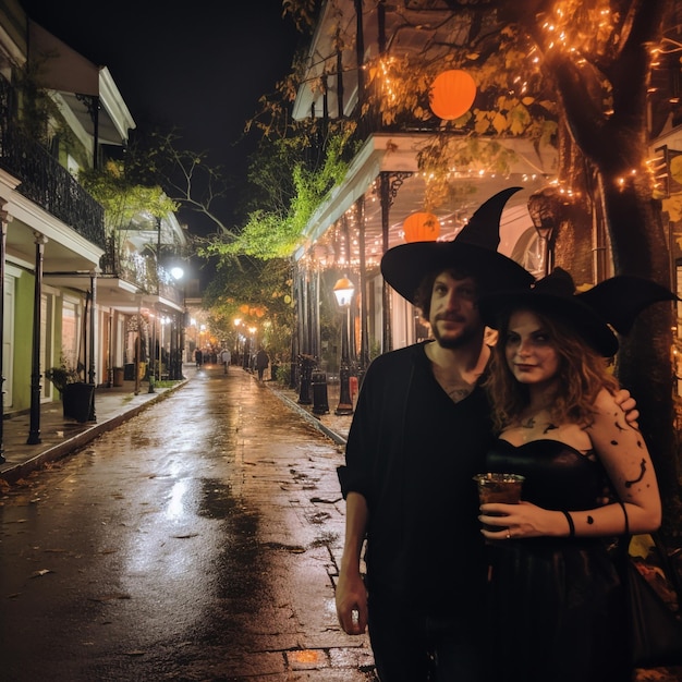 Casal com fantasias de Halloween tirando selfie em uma festa comemorando com amigos na festa de Halloween