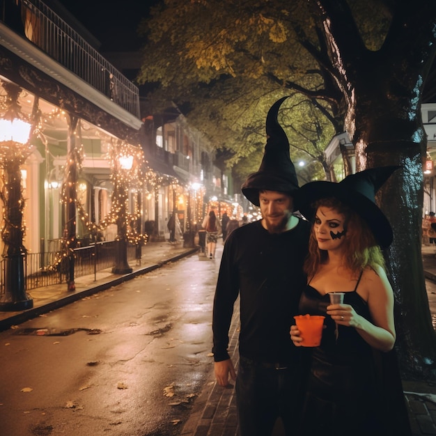 Casal com fantasias de Halloween tirando selfie em uma festa comemorando com amigos na festa de Halloween