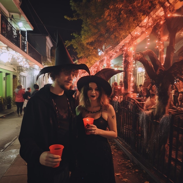 Casal com fantasias de Halloween tirando selfie em uma festa comemorando com amigos na festa de Halloween