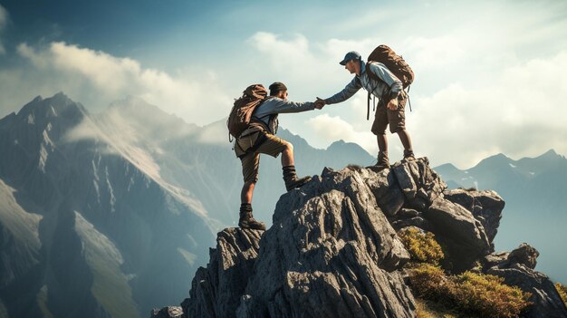 Foto casal com mochilas a caminhar pelas montanhas