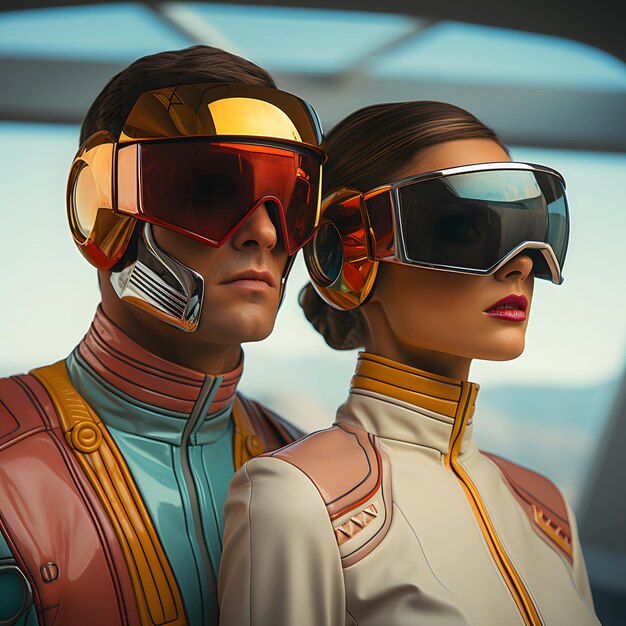 Foto casal com roupas retrô futuristas e óculos futuristas