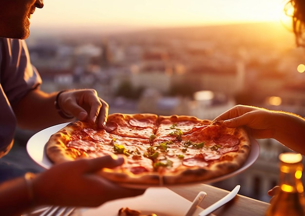 Casal comendo pizza no terraço do restaurante acima de uma grande cidade de fériasAI Generative