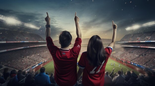 Foto casal coreano torcendo e assistindo a uma partida de futebol no estádio