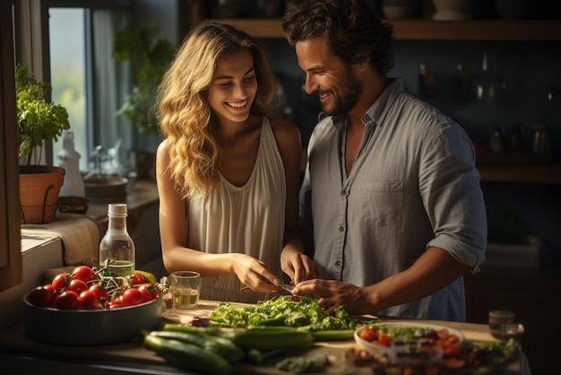 Foto casal cozinha juntos em sua cozinha