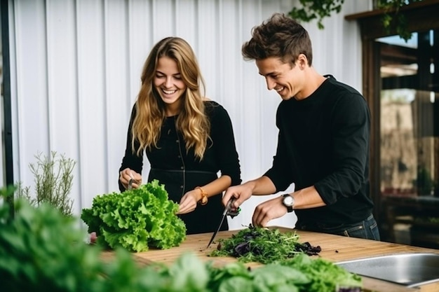 Foto casal cozinhando alimentos saudáveis na cozinha estilo de vida preparação de refeições