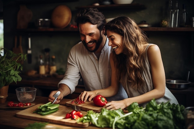 Foto casal cozinhando comida na cozinha