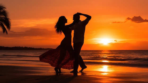 Casal dançando salsa bachata kizomba na praia ao pôr do sol imagem de IA