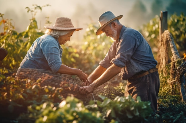 Casal de agricultores locais colhendo no campo de outono