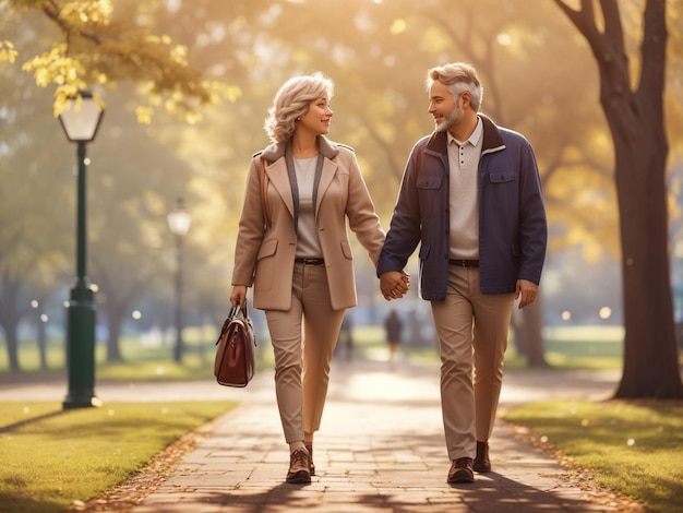 Casal de amor de meia-idade andando lá fora em um estilo de vida saudável do parque gerado por IA