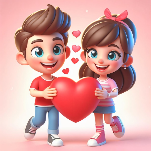 Casal de amor homem e mulher segurando grande coração juntos em branco romântico dia de São Valentim 3d renderização