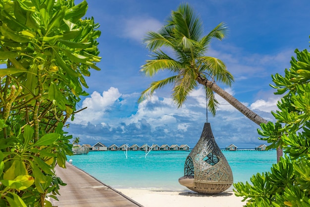 Casal de amor romântico balança na bela praia tropical de areia branca, paisagem de férias de verão