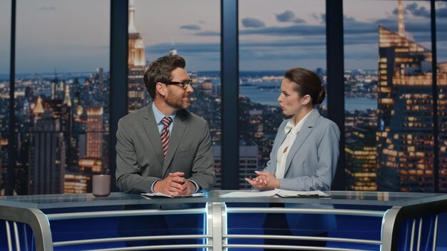 Foto casal de âncoras discutindo notícias de pé no estúdio do canal de televisão da noite