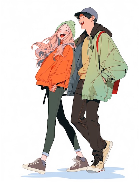 casal de anime andando juntos na neve com mochilas generativa ai