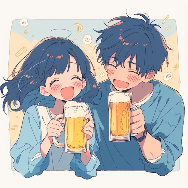 casal de anime bebendo cerveja e olhando um para o outro