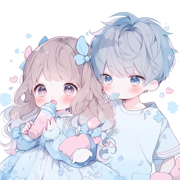 casal de anime com cabelos azuis e olhos azuis segurando um ursinho de pelúcia rosa