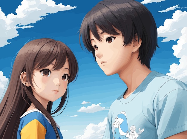 Casal de anime com fundo de céu azul