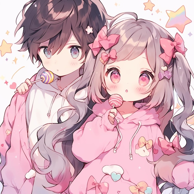 casal de anime com roupas cor-de-rosa e laços rosa posando para uma foto generativa ai