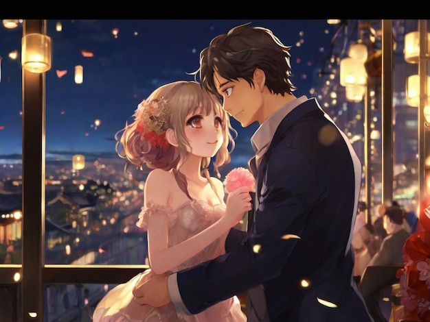 casal de anime desfrutando de uma bela cidade céu arte digital pintura arte de anime gráficos fundos personagens de anime wallpapers desenho animado casal fantasia